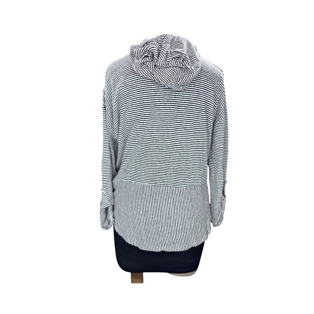 C&C California Black & White Striped Hooded Pullover Linen Top W/ Roll Tab Sleev - Picture 3 of 10
